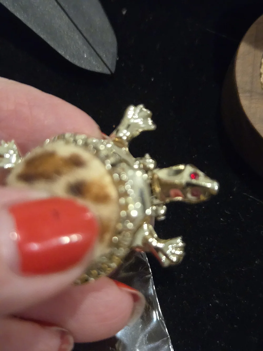 Mid-century Turtle Novelty Locket Brooch with Faux Fur